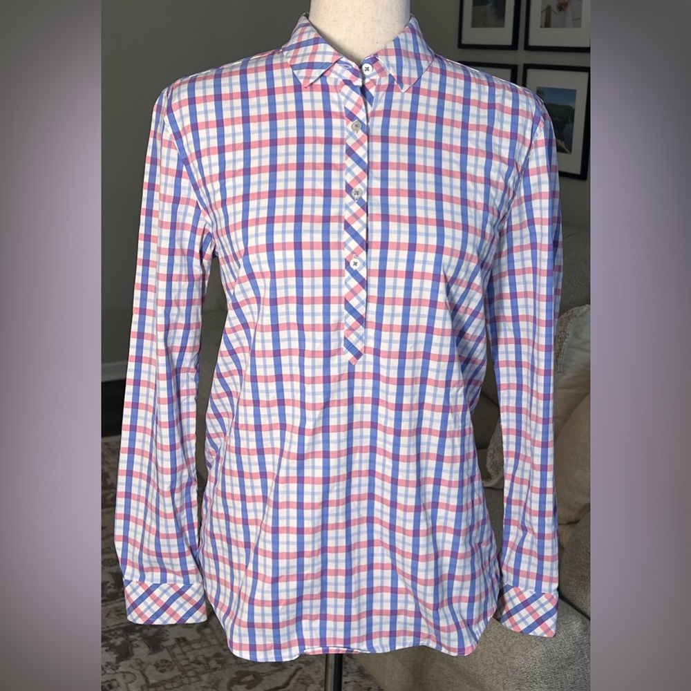 Southern Tide Hadley Popover Blouse Intercoastal Blue Pink Gingham Size Small